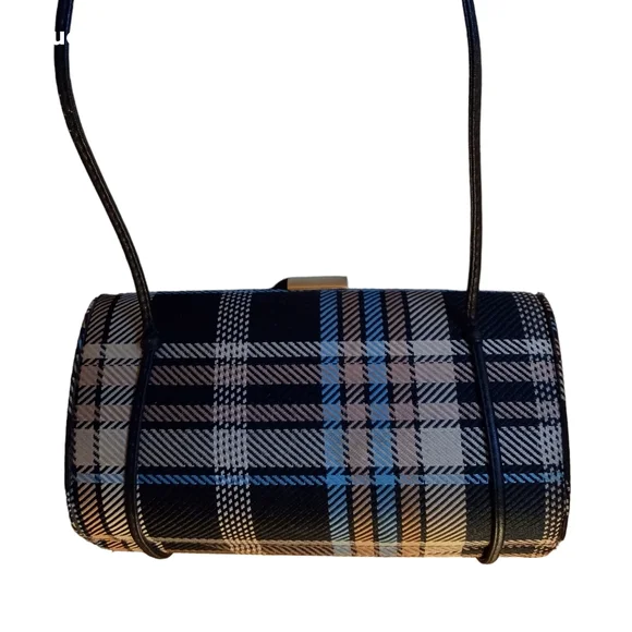 Rare Vintage Minaudière Snap Close Hard Body Bag: Blue, Black, Gold, Tan Plaid - Picture 3 of 12